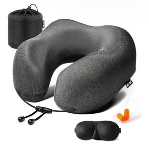 Travel Pillow 100% Memory Foam 3D Contoured Eye Masks, Earplugs, Carry Bag. NIB